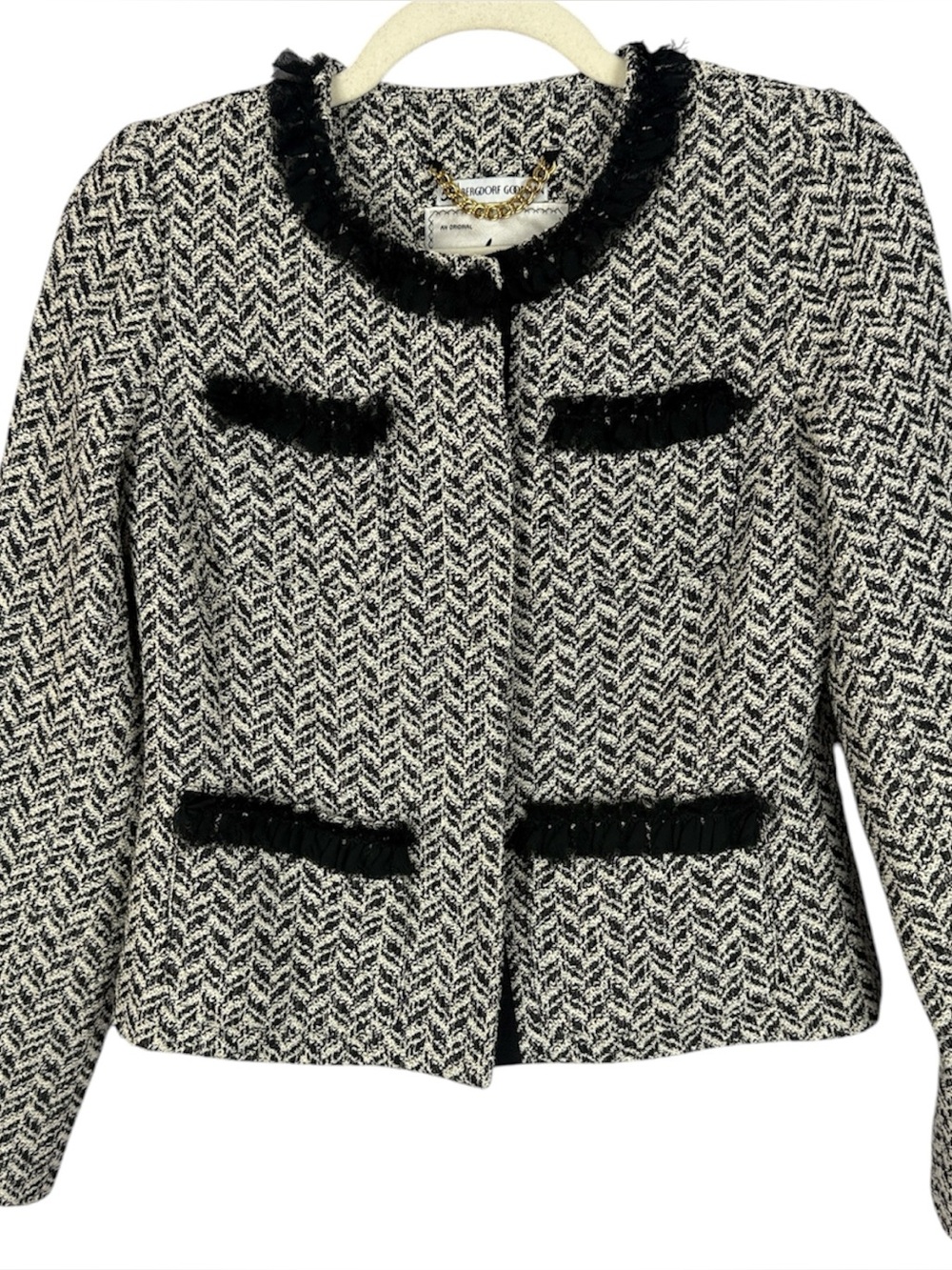 Milly of New York Tweed Chevron Jacket 2 Bergdorf Goodman Black White Silk Trim